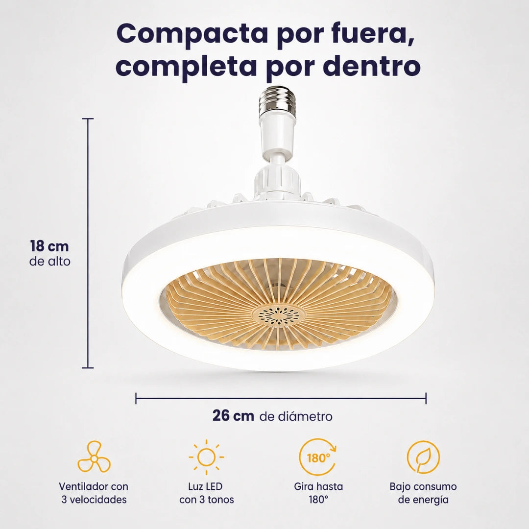Compacta por fuera: 18 cm de alto, 26 cm de diámetro, gira hasta 180° y bajo consumo