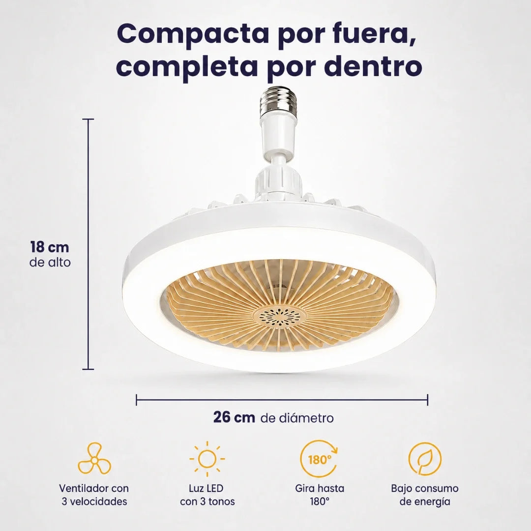 Compacta por fuera: 18 cm de alto, 26 cm de diámetro, gira hasta 180° y bajo consumo
